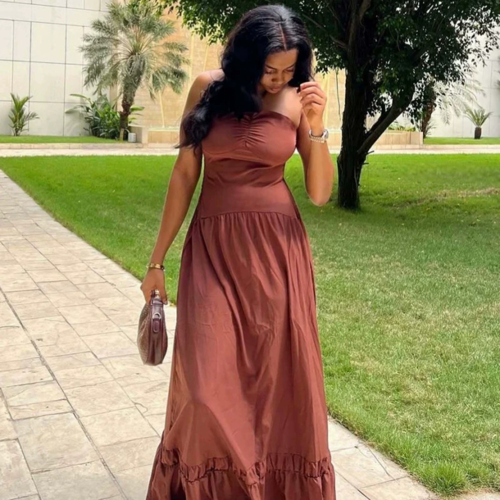 Solid Color Pleated Waist Halter Neck Dress African Style Flared Long Summer